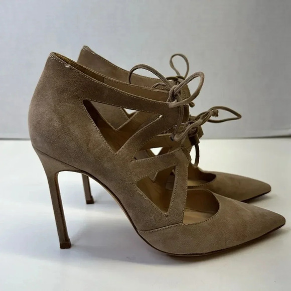 Manolo Blahnik Asaki High Heels Pumps Shoes Tie Front Suede Taupe Size 38 US 8 - Picture 1 of 10